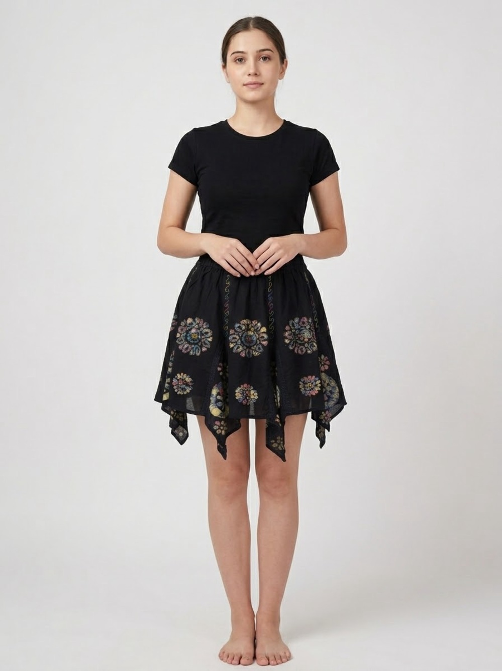 Shoreline Vintage Hand Batik Patchwork Pixie Point Handkerchief Hem Mini Skirt